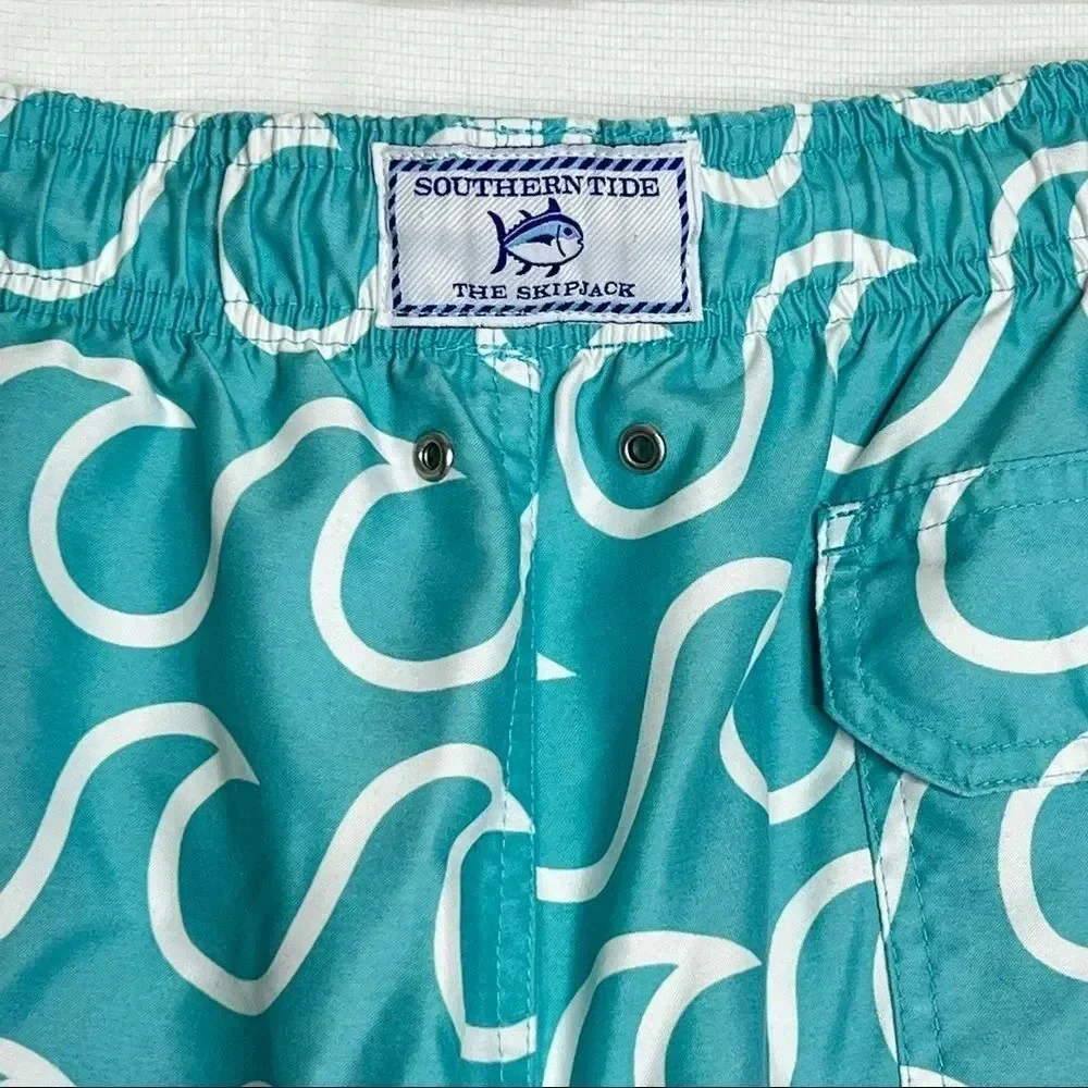 Southern Tide Swim Short Size Small  Wave Pattern Trunk Teal White